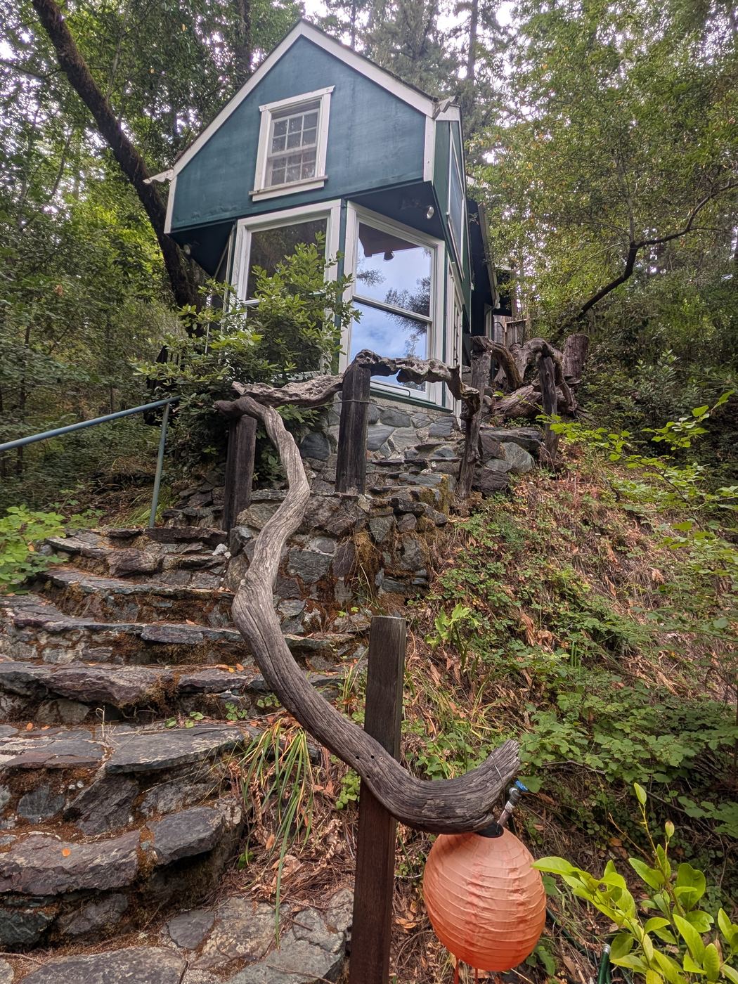 The private treehouse in the West Sonoma County redwoods, reached by stone steps winding up through the trees